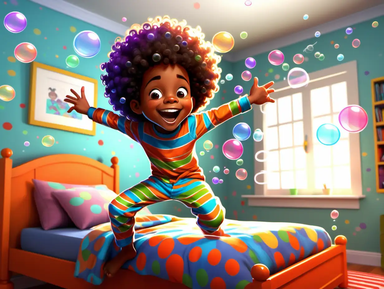 Happy African American Boy Jumping on Bed with Floating Bubbles