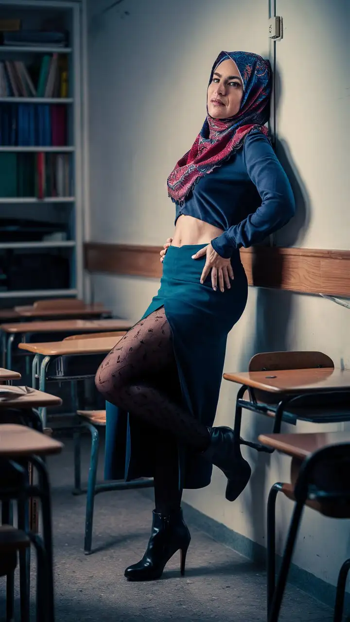 Elegant Turkish Teacher Leaning in Classroom Setting