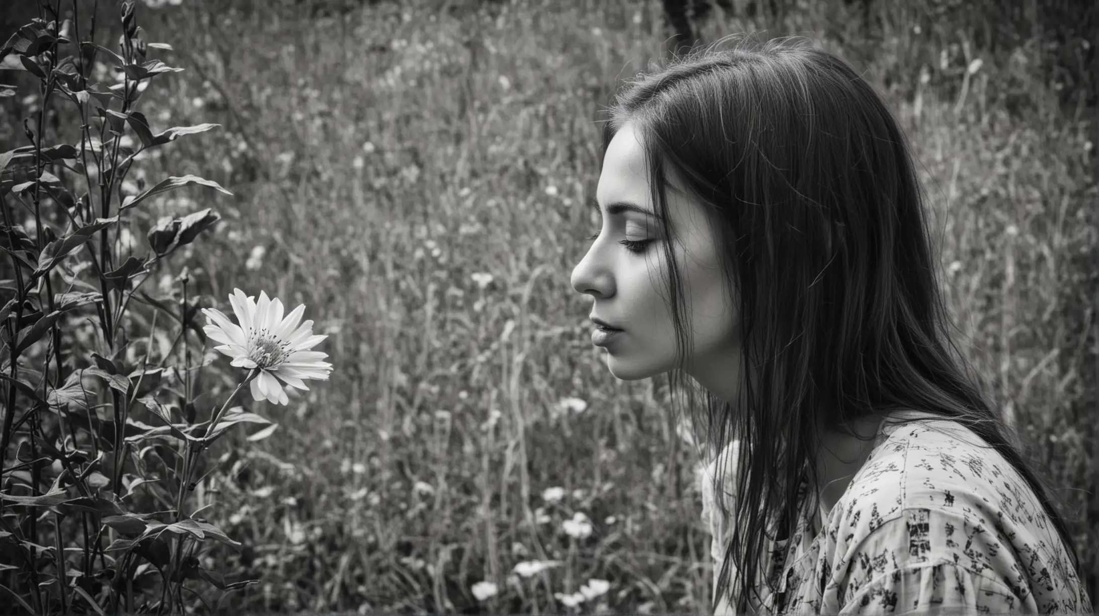 Woman Smelling Flower Side View in Grunge Black and White