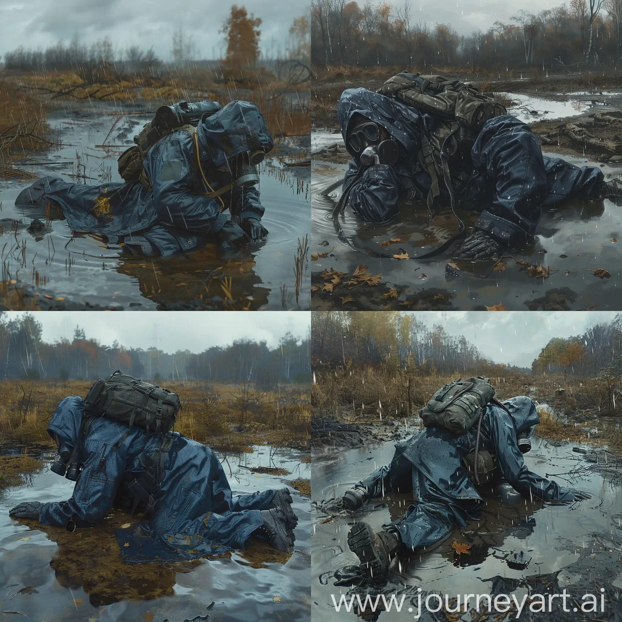 The STALKER universe, a dead mercenary guy in a dark blue military raincoat, in military unloading, with a backpack on his back, a gas mask on the mercenary's face, a dead mercenary lies in a dirty large puddle in the middle of a radioactive swamp, his corpse breathlessly peers into the sky, radioactive rain drips on the mercenary, the weather is gloomy autumn.