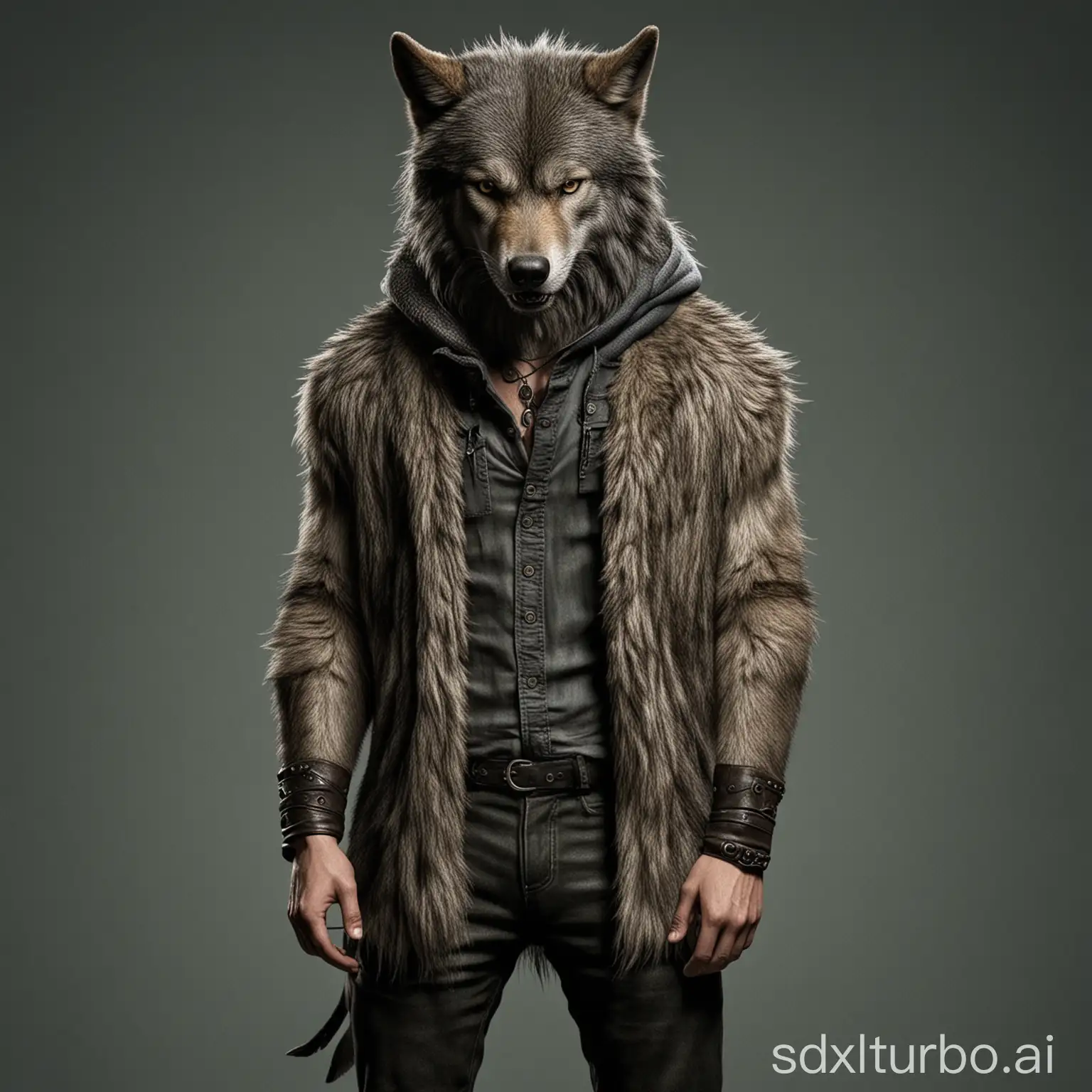 with the Wolf's head，human's body，[Wolf:man:0.5]，clothed_animal, 
