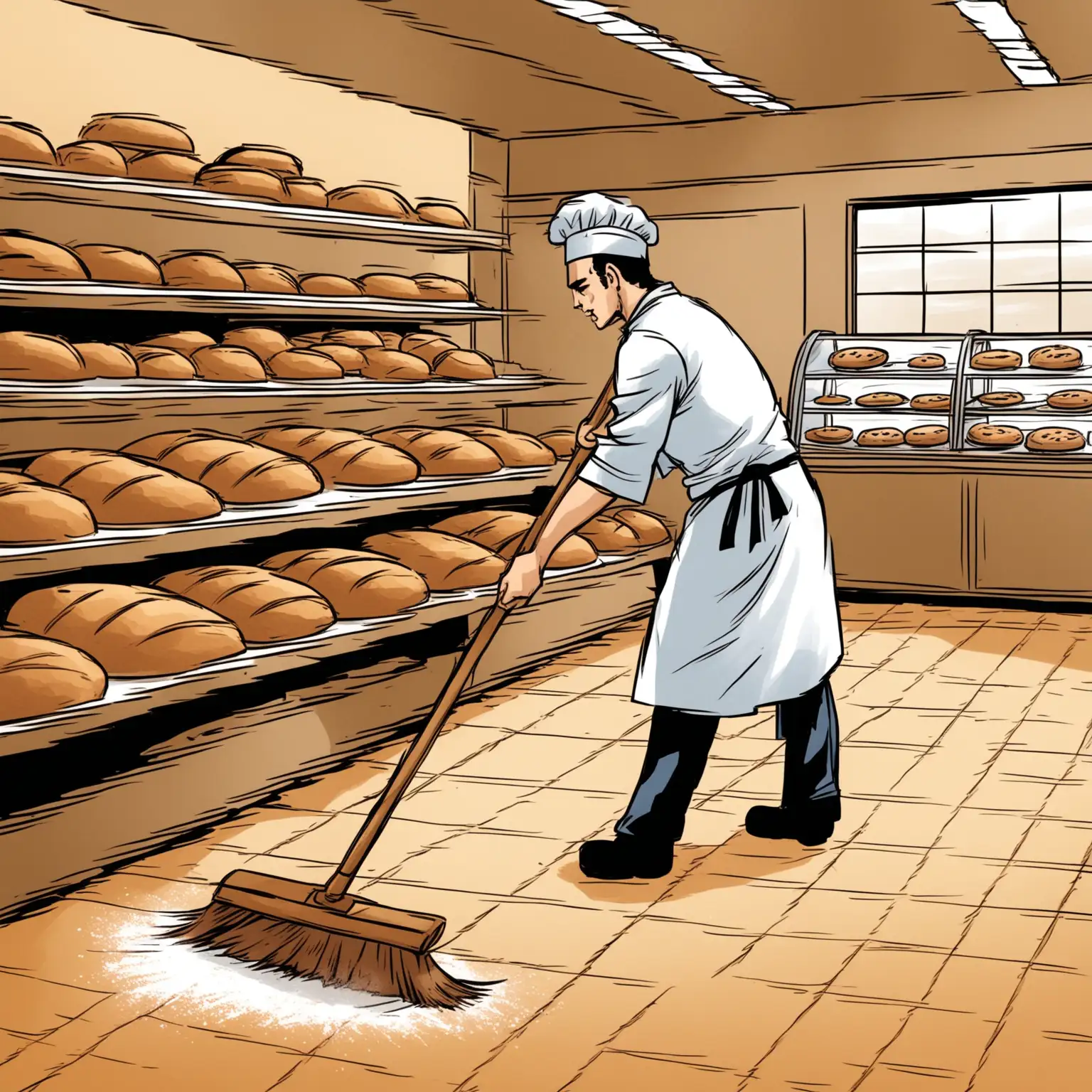 draw a comic book image of a baker sweeping the floor in the bakery 