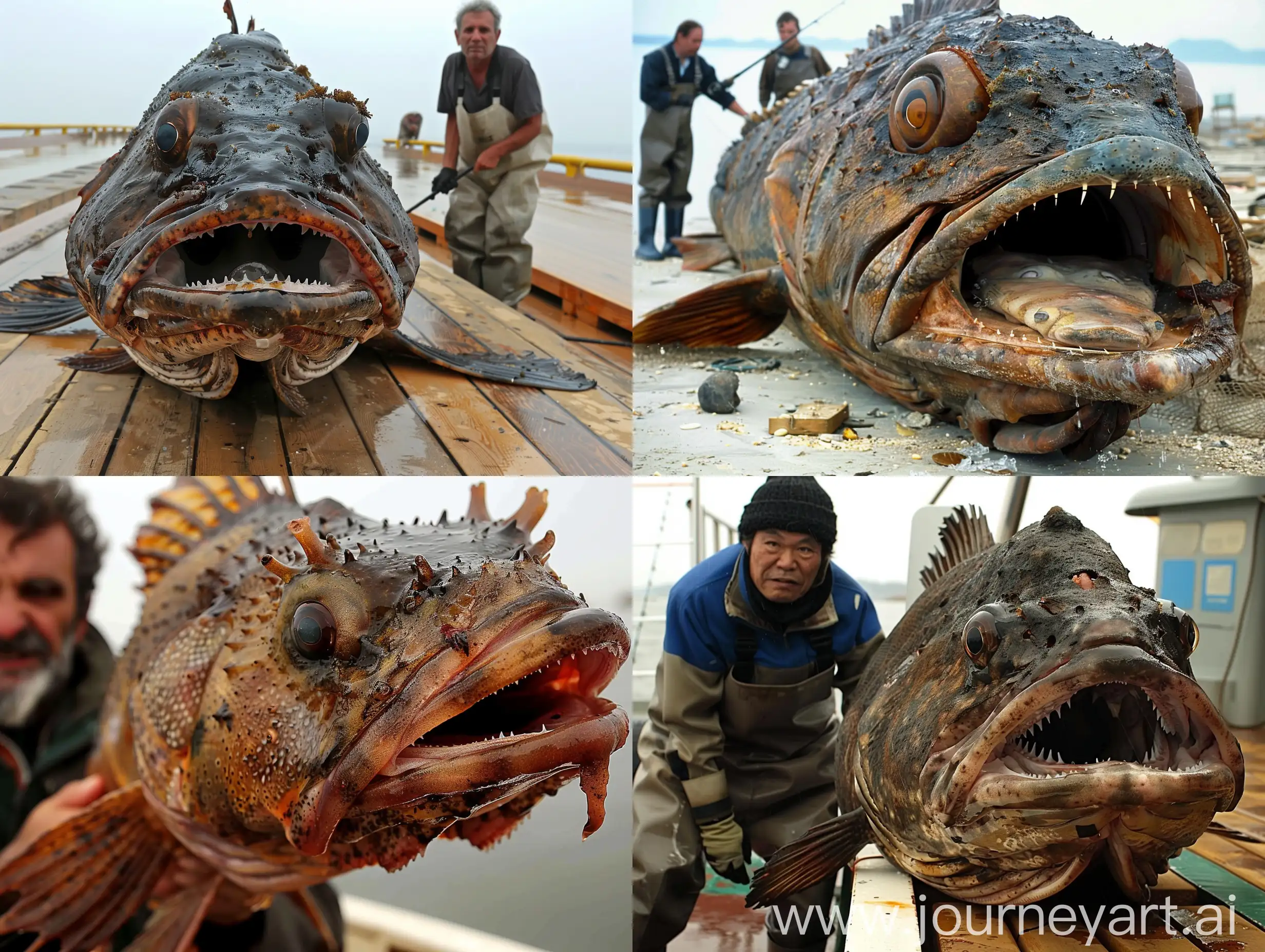 fisherman caught a nightmare fish in the style of the 1980 film