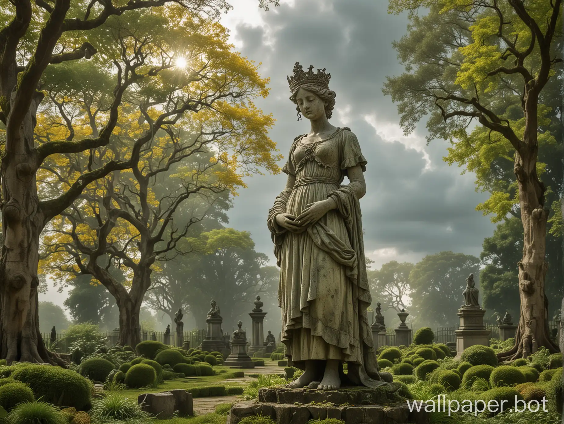 Antique-Statue-of-Sad-Girl-in-Mossy-Garden-with-Sunlit-Face