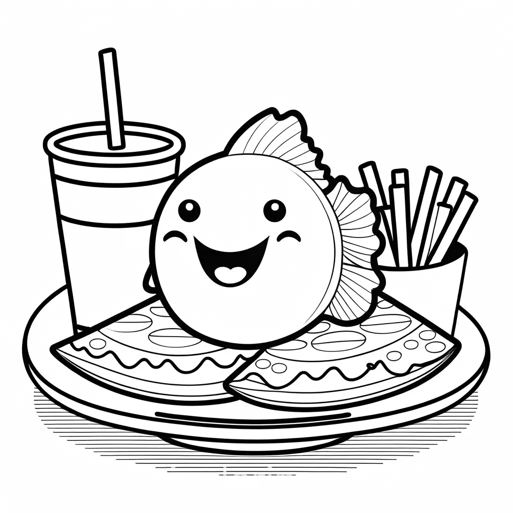 A piece of fish with a cheerful face, crispy coating, and a side of fries with smiling faces. Add a small dipping sauce and a cute plate. Kawaii style, Coloring Page, black and white, line art, white background, Simplicity, Ample White Space. The background of the coloring page is plain white to make it easy for young children to color within the lines. The outlines of all the subjects are easy to distinguish, making it simple for kids to color without too much difficulty