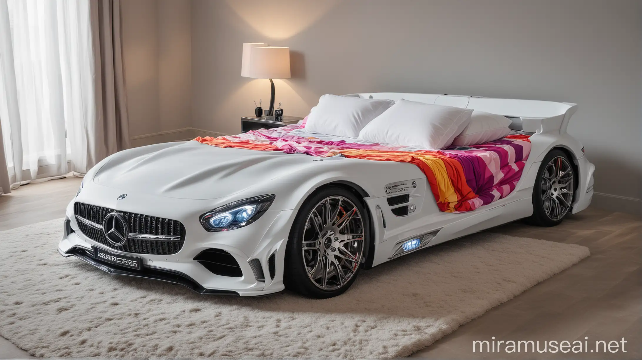 Luxurious Double Bed Shaped like a Mercedes AMG Car with Brightly Colored Bedding