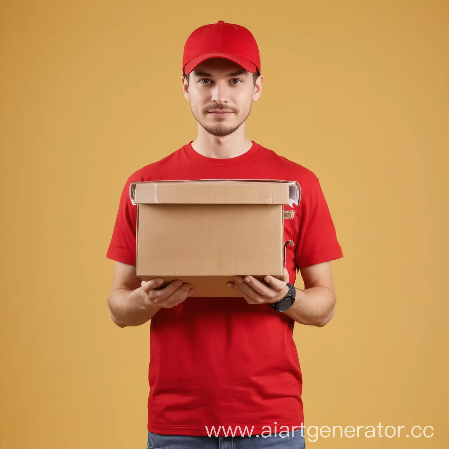 Courier-in-Red-TShirt-and-Cap-Carrying-Documents-on-Yellow-Background