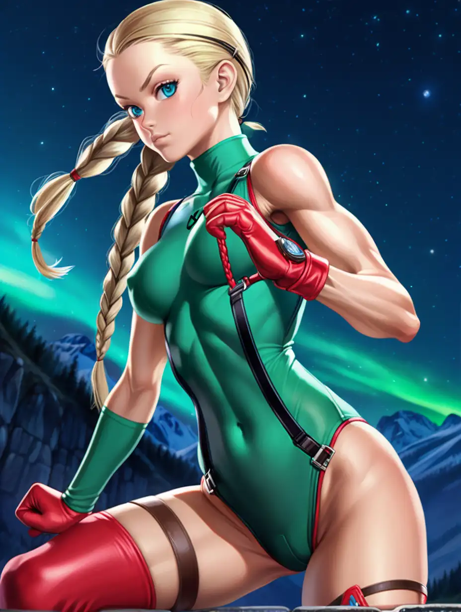 Cammy White, young woman, blonde hair, (long braid:1.2), blue eyes, fit, athletic, (toned:1.2), sexy, fierce, small perky natural breasts, thick juicy legs, (highleg:1.3) (sleeveless:1.3) skintight turtleneck green spandex leotard, red beret, small harness, red gauntlets, thigh holster, short black combat boots, covered nipples, bare shoulders, bare hips, bare legs, fighting stance, on English castle bridge, mountains, valley, midnight, aurora borealis,

wide shot, highly detailed, random details, imperfection, detailed face, detailed body, detailed skin textures, skin pores, detailed background, detailed colours hues tones,