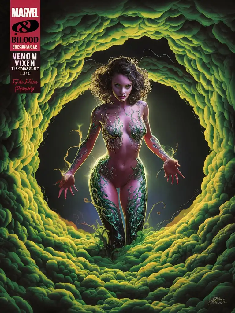  "Design an 8K #1 comic book cover for 'New Blood Collectables' featuring 'Venom Vixen, the Toxic Beauty'. Use FSC-certified uncoated matte paper, 80 lb (120 gsm), with a slightly textured surface. Venom Vixen rises from the heart of a toxic cloud, her body made of shimmering beauty and deadly poison, as she gazes out at a world of unsuspecting prey..."