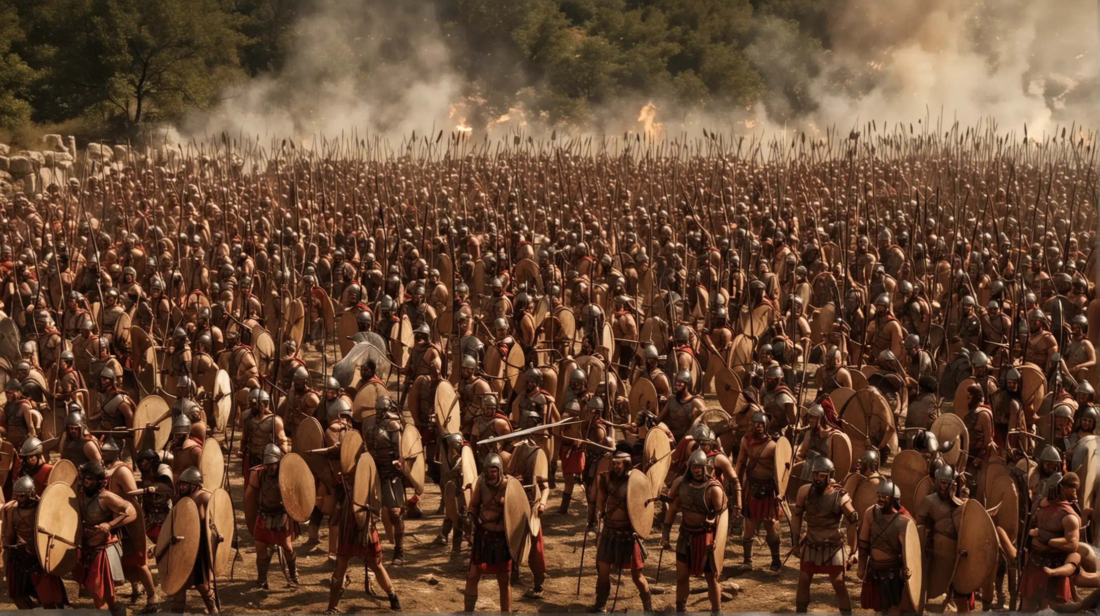  Visualize a dramatic scene of Leónidas y los 300 Guerreros preparándose para la batalla en las Termópilas.

Image Description: The image depicts Leónidas and his 300 warriors standing in formation, clad in their bronze armor and holding their shields and spears. The atmosphere is tense, with a sense of determination and resolve palpable in their expressions. The sun casts long shadows across the rocky terrain as they await the impending Persian invasion.