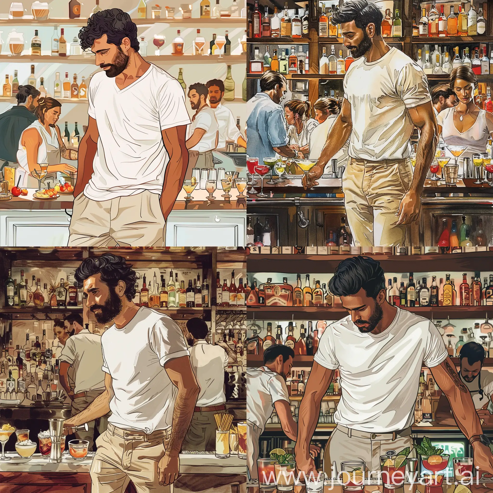 нарисуй бармена амира кармо, без бороды, темноволосого, в белой футболке и бежевых штанах, на работе за барной стойкой, вокруг много коктейлей и гостей