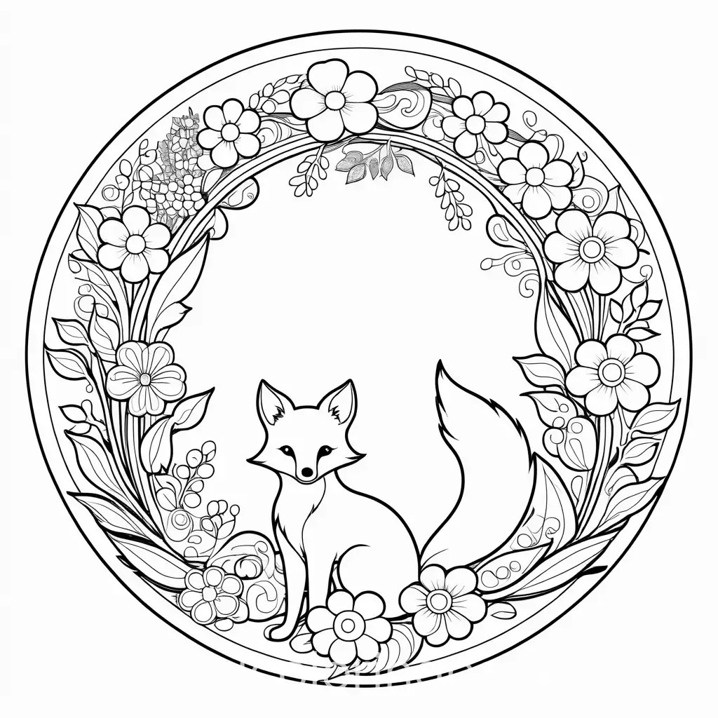 Circle flower garland fox, Coloring Page, black and white, line art, white background, Simplicity, Ample White Space. The background of the coloring page is plain white to make it easy for young children to color within the lines. The outlines of all the subjects are easy to distinguish, making it simple for kids to color without too much difficulty