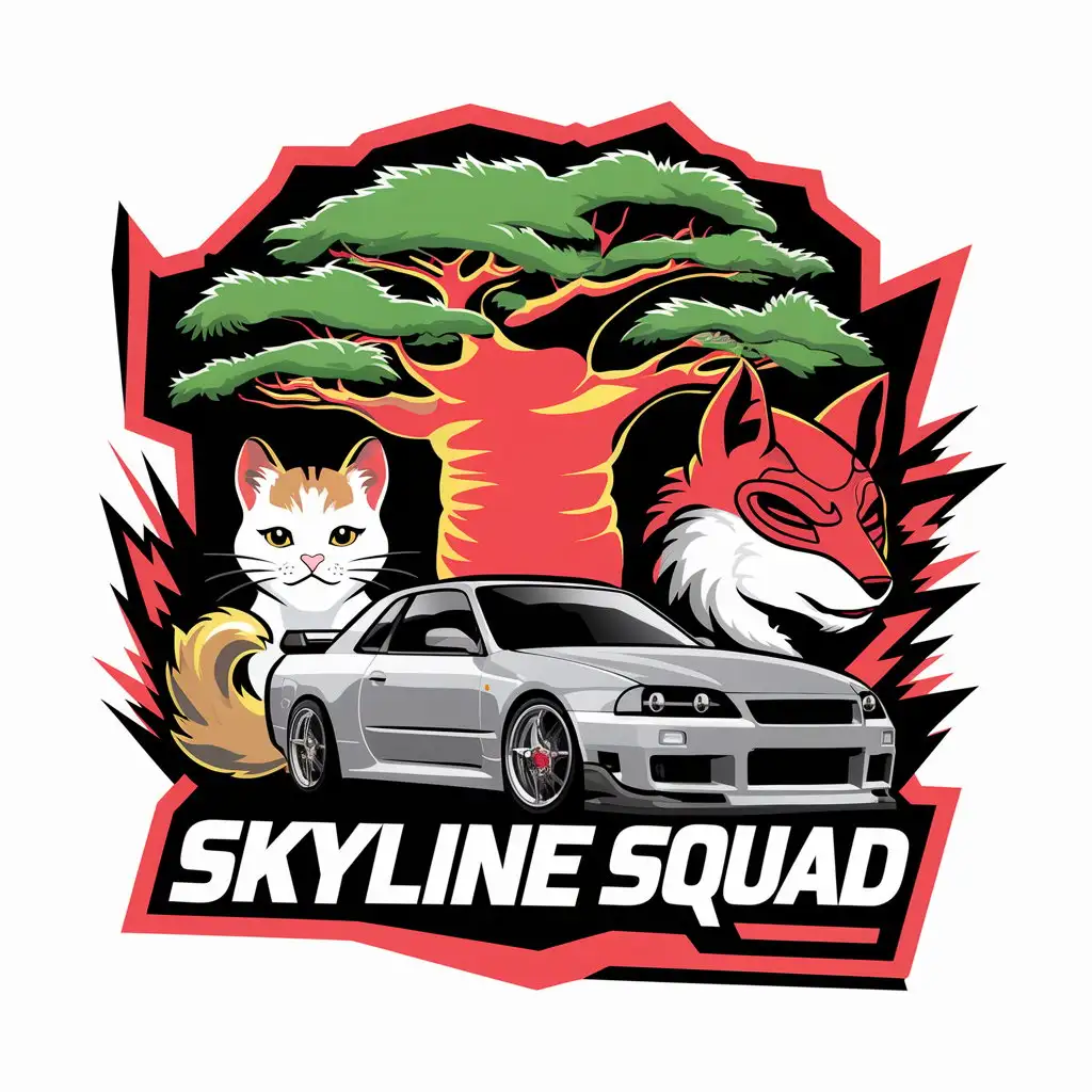 Логотип "Skyline Squad"  с баобабом, котом, красно-белой маской кицуне и машиной Nissan Skyline,