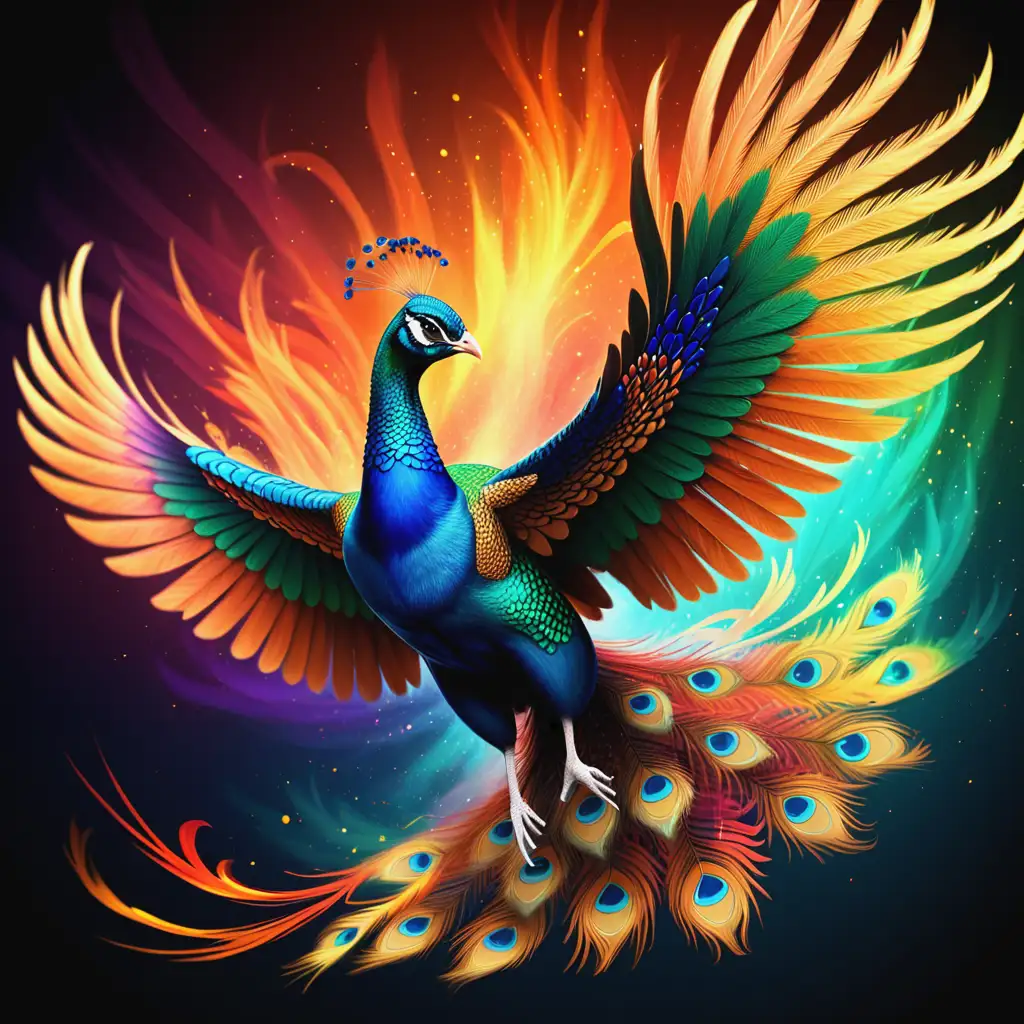 Phoenix flying through the air. The bird has the colors of a peacock. It should covey independence and freedom.