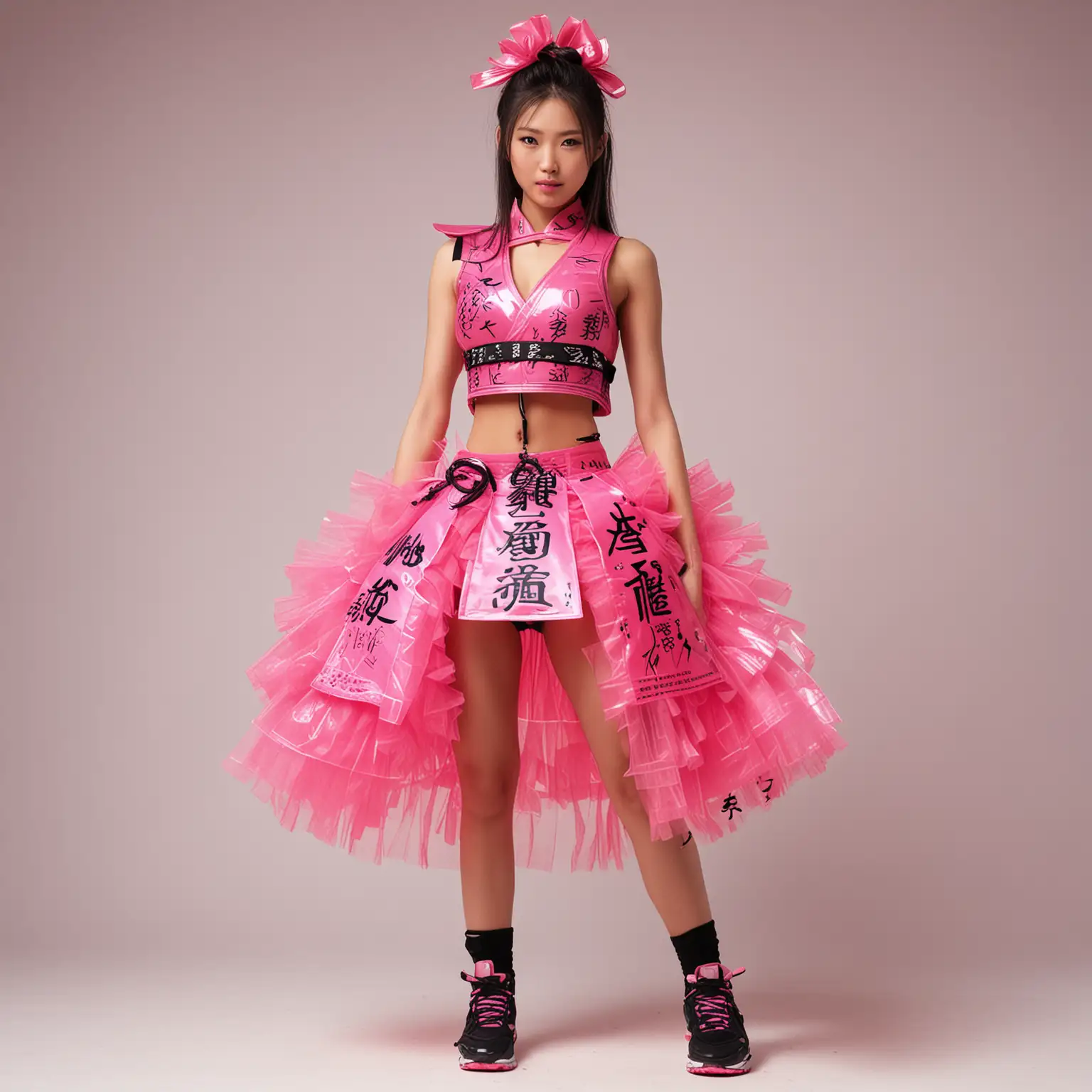 Standing full body view, thin toned beautiful Japanese supermodel with large breasts and thin waist and long legs in sleeveless, hot-pink samurai armor with black chinese writing, midriff exposed, giant hot-pink tutu, black sneakers, sneakers, white background