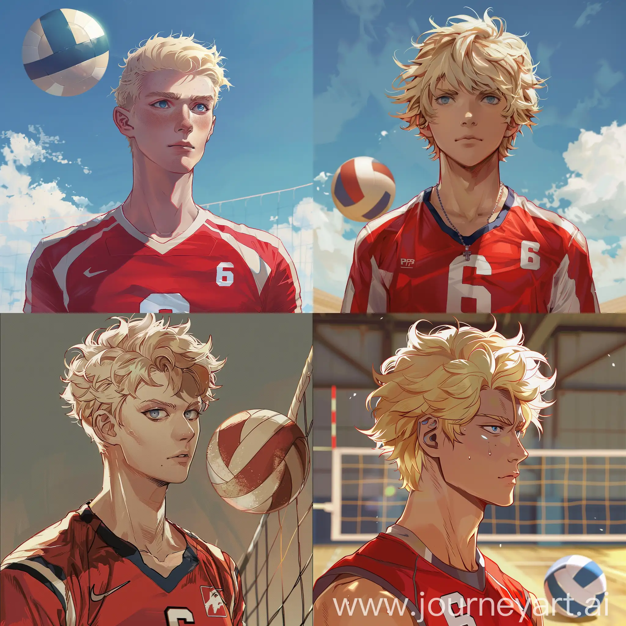 A 169 - foot - tall boy with blond hair . He has heterochromia. One eye is icy blue and the other is dark brown. He is wearing a red and white volleyball uniform with the number 6. He is alone on the volleyball field and next to him is a volleyball ball