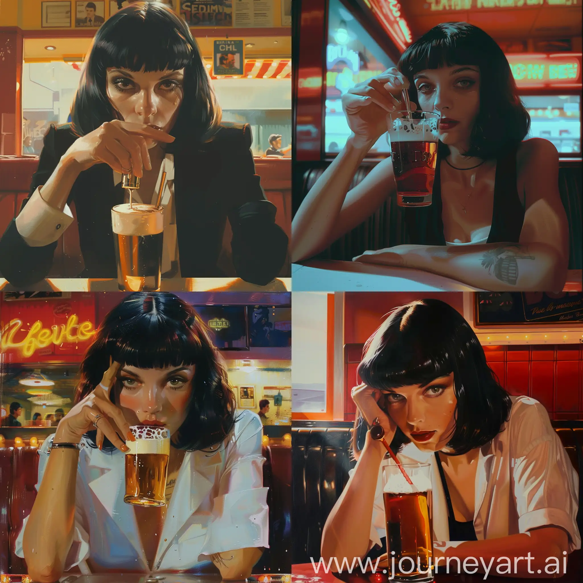 Mia-Wallace-Drinking-Beer-in-Retro-Diner-Scene