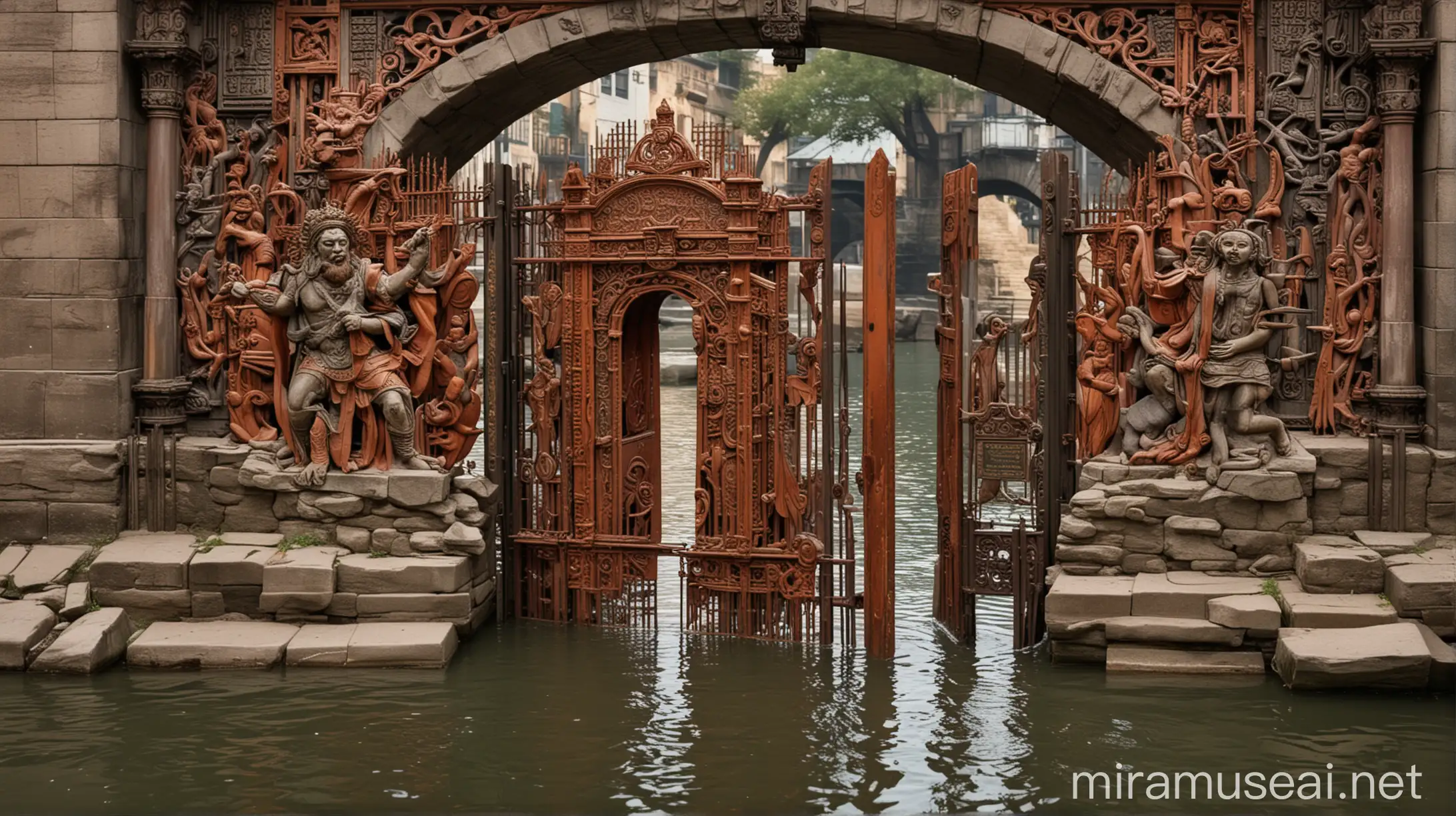 Close up of the city's gates, rich color palette to depict ancient prosperity, mirroring in the river's surface.