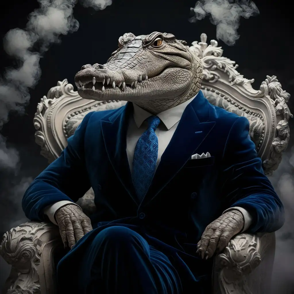 A captivating, extremely detailed film portrait of an anthropomorphic crocodile emanating in seriousness, dressed in a luxurious velvet suit and a striking blue jacquard tie. The complex position of the crocodile is both dynamic and elegant, because it sits confidently on a baroque chair. The atmosphere is intensified by the presence of a delicate, luminous fog, creating a sense of depth and mysticism. This extraordinary portrait of manners reveals the beauty of unusual animal traits combined with human sophistication and intricate detail.