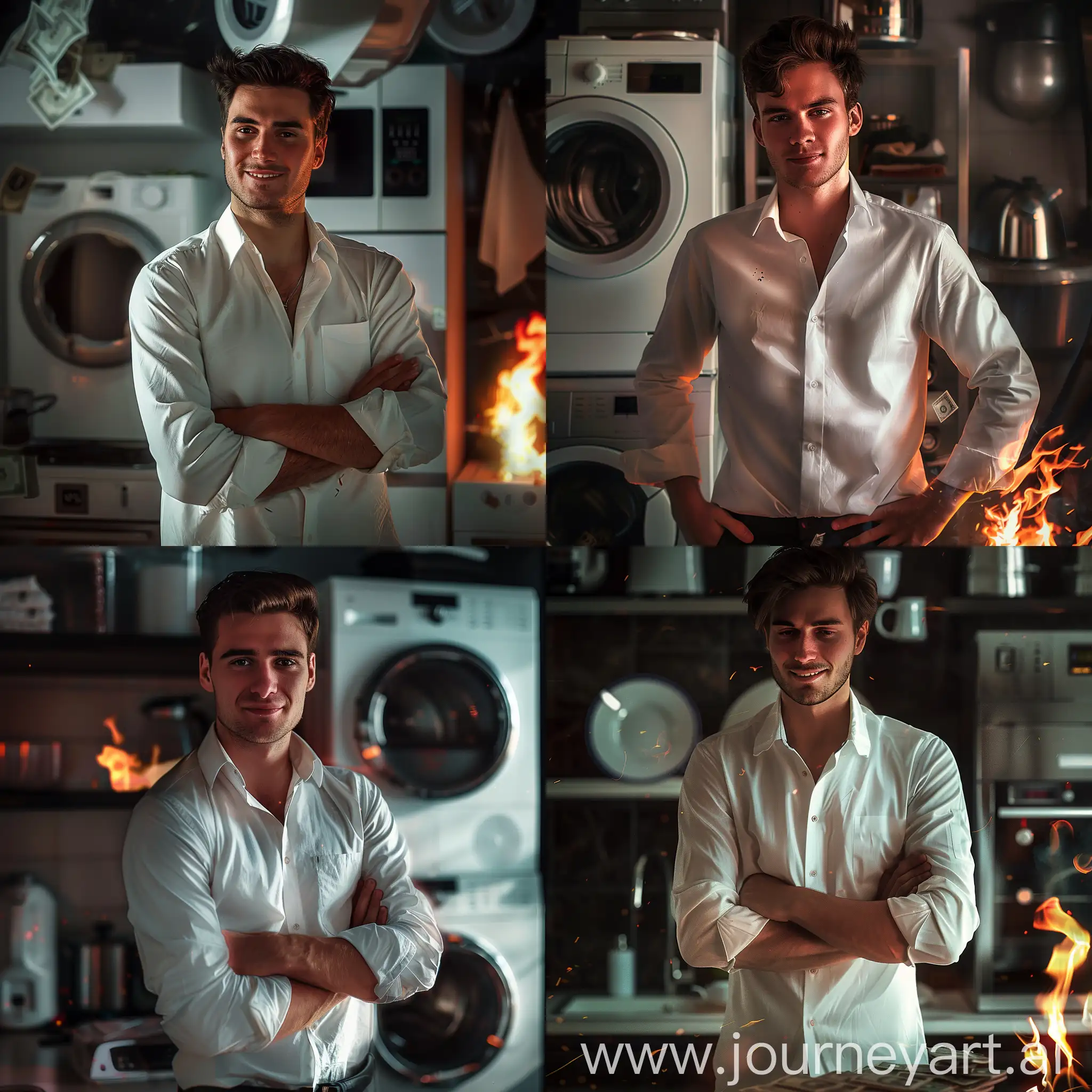 Man-in-White-Shirt-Surrounded-by-Household-Appliances-Burning-Money