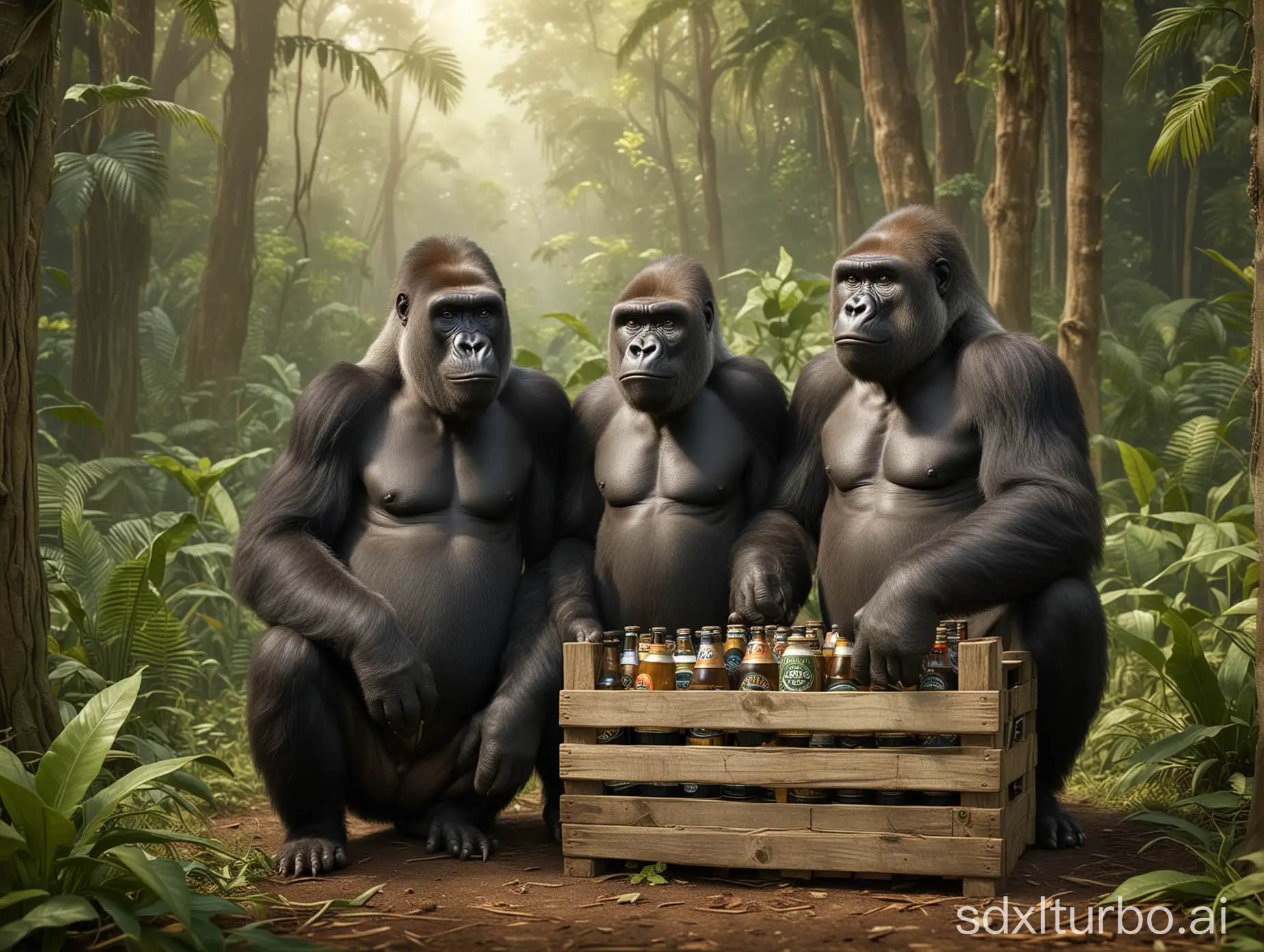 two gorillas sit in the jungle on a clearing with a crate of beer, celebrating Father's Day together, very detailed, ultra high resolution, hyper realistic