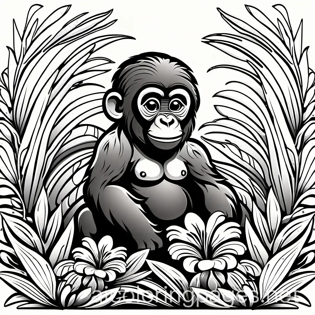  A curious baby gorilla with a playful expression, surrounded by tropical flowers, illustration for coloring book, black and white, line art, white background, Simplicity, Ample White Space. The background of the coloring page is plain white to make it easy for young children to color within the lines. The outlines of all the subjects are easy to distinguish, making it simple for kids to color without too much difficulty.