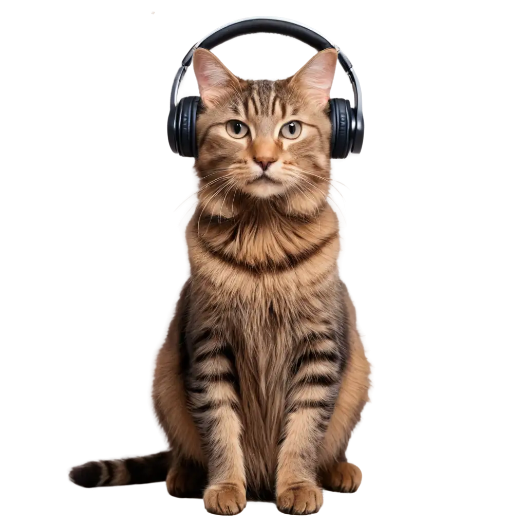 a cute cat having headphone sitting like in a podcast.