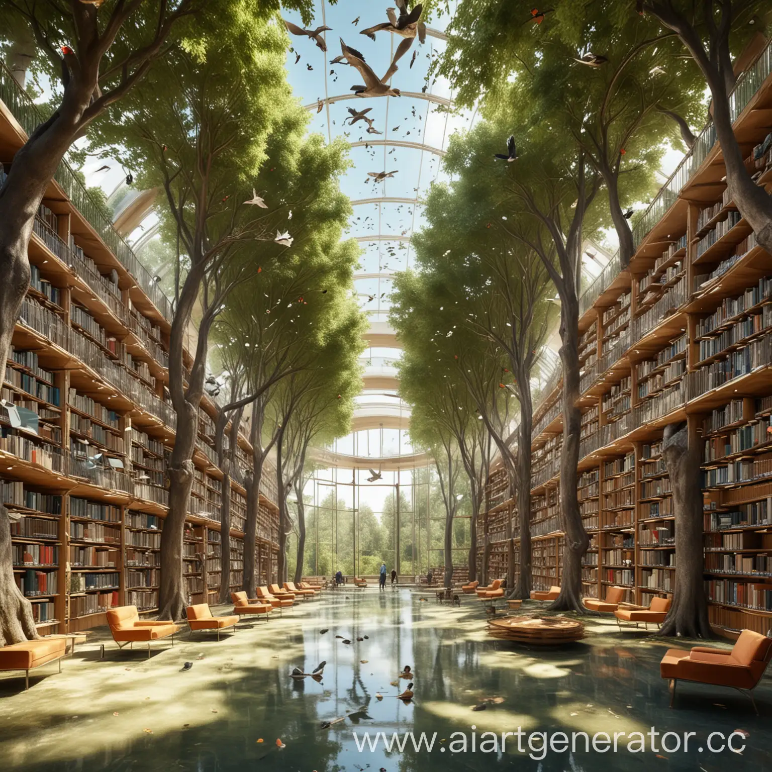 Просторная библиотека, с панорамными стенами, вокруг много деревьев, иновационные технологии, летают птицы, и прудик