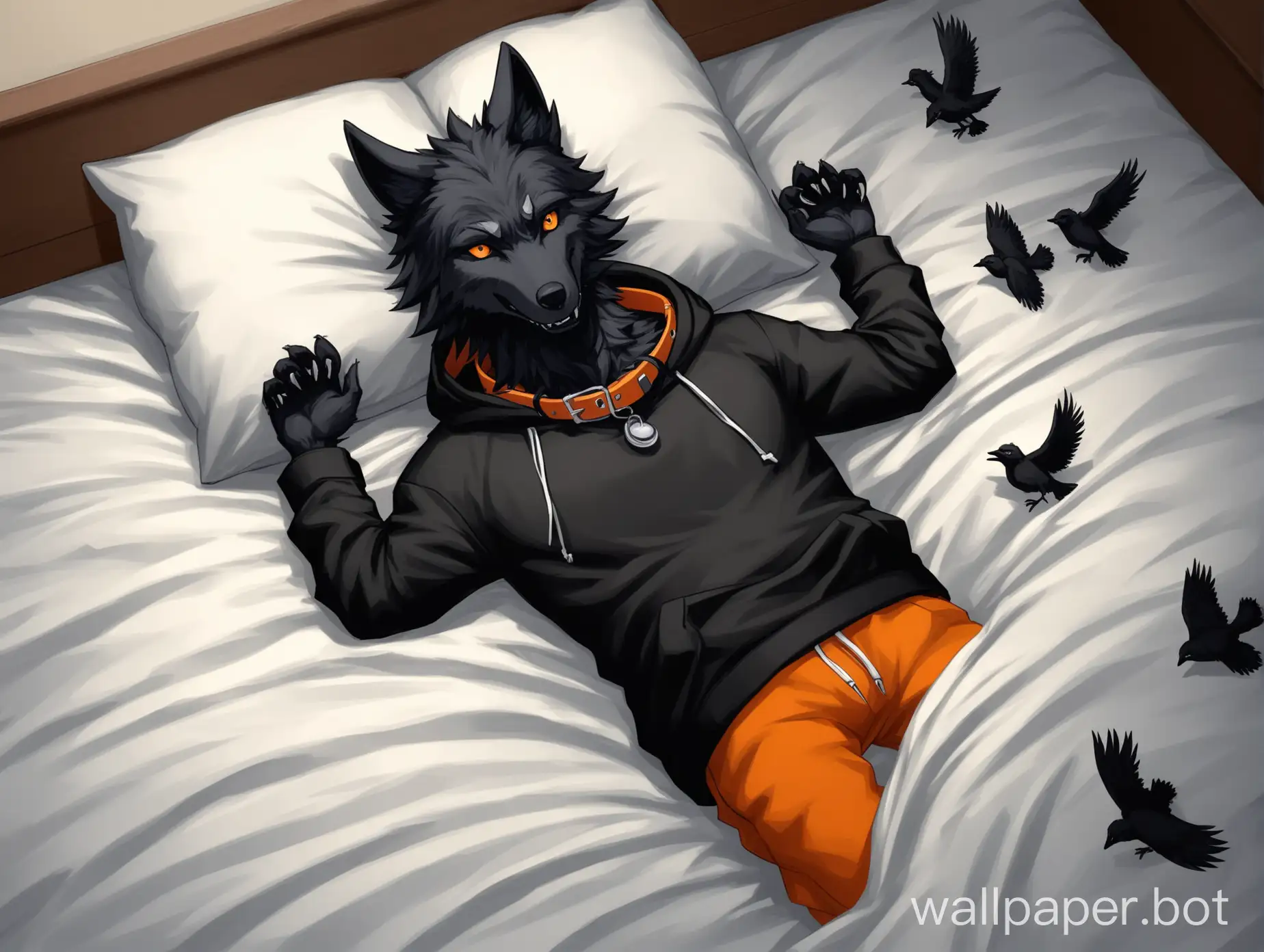 male anthropomorphic black wolf wearing a black hoodie and orange dog collar laying in bed birds eye view