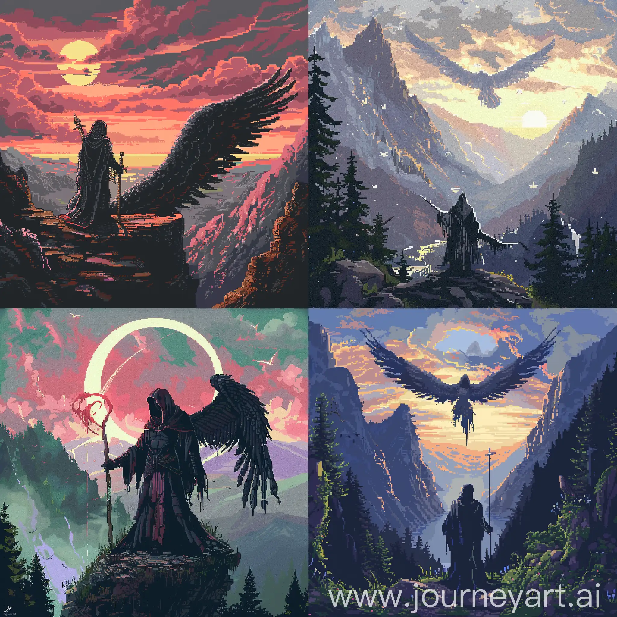 A angel that has fallen and has came down to the land of earth, while losing powers he got a fraction of his powers left, and using a robe to keep the identity a secret. Any time he can summon his scythe, and he can be last seen from the dawn on the mountain side while the sun goes down. dark fantasy 2d pixel art
