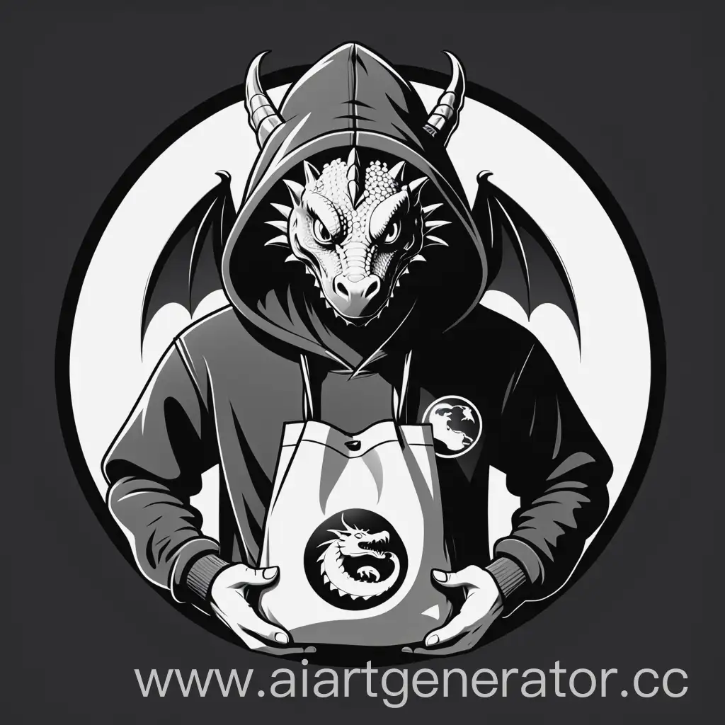 A dragon in a hoodie holds bag in his hands, black and white circle logo