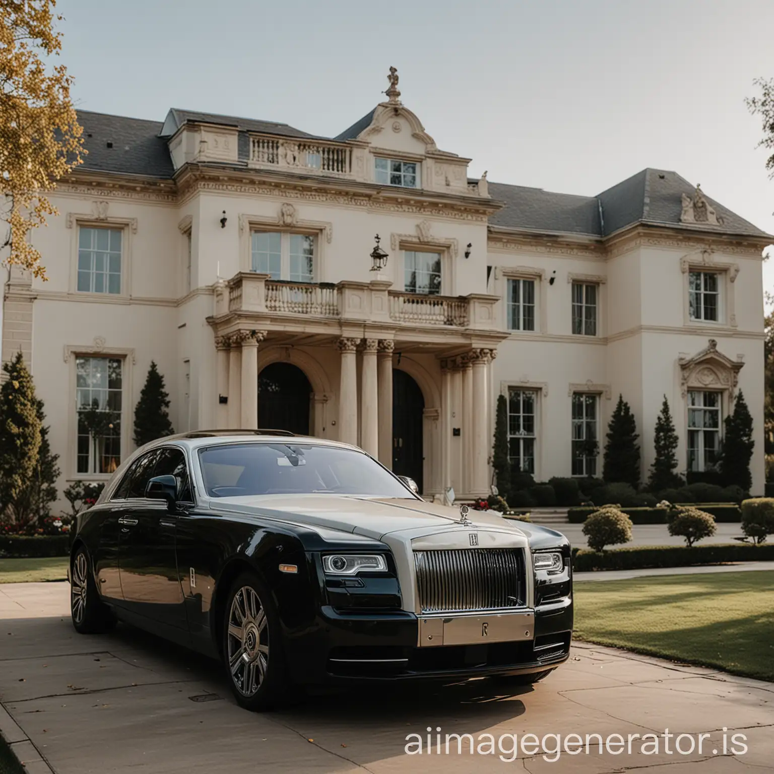Rolls royce parked in front of luxury mansion