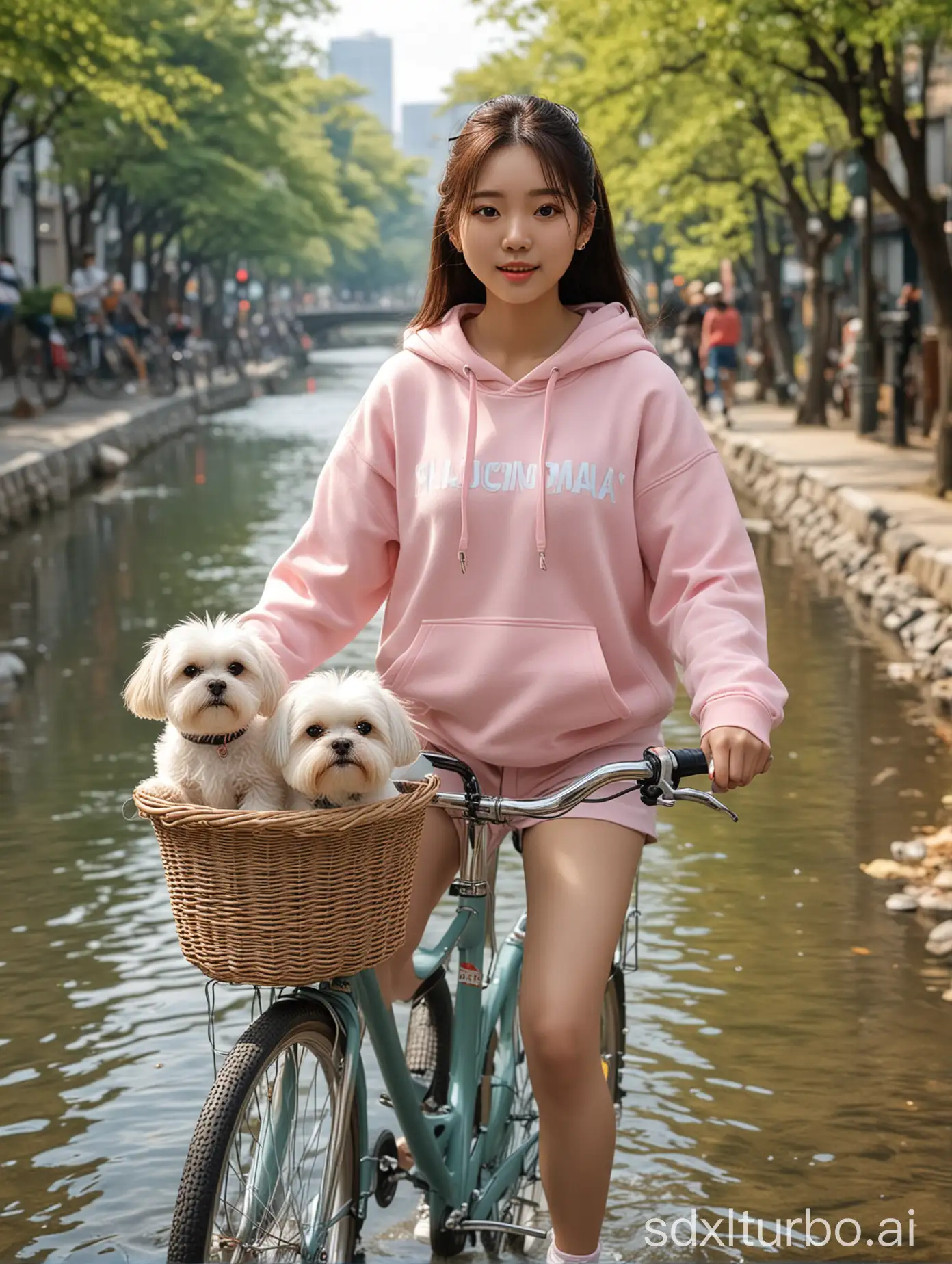A hyper-realistic, full-view 3D rendering of an 18-year-old girl with Korean idol style, wearing a pastel-colored hoodie, riding a different colored MTB bicycle along Cheonggyecheon stream in Seoul, with a cute white Shih Tzu-Yorkie mix dog in the bicycle basket, captured with the quality of a 24-70mm lens camera, with micro lens detail, and a ring light in the front. Use the face from the uploaded photo. Show the full view of the girl riding the bicycle. Add more details to the scene. Add more sunlight to the scene. Change the girl's hairstyle. Add some reflections on the bicycle frame. Add a soft glow around the girl. Make the dog's ears flap in the wind. Add some ripples in the water. Include a couple of ducks swimming in the stream. Add some sunlight reflections on the water. Negative Prompts: worst quality, low quality:1.3, nsfw, 3D face, cropped, lowres, text, jpeg artifacts, signature, watermark, username, blurry, artist name, trademark, title, multiple view, Reference sheet, bad anatomy, dark face. Use the face from the uploaded photo. Show the full view of the girl riding the bicycle