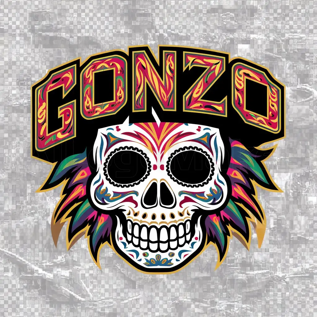 a logo design,with the text "Gonzo", main symbol:sugar skull, latin culture, edm, raves, military, phoenix raven,complex,clear background