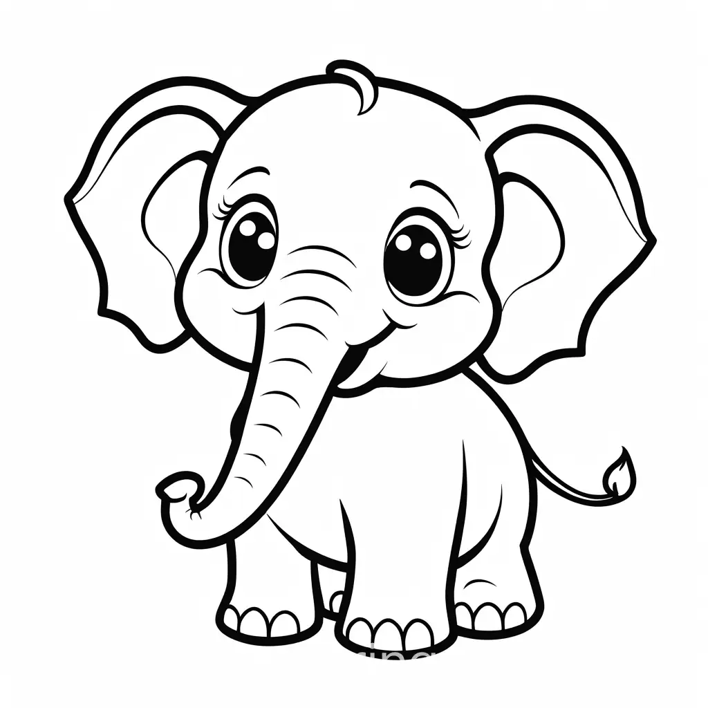 Create a friendly and chubby elephant character with a smiling face, outline art, colouring page outline page with white, white background, sketch style, full body, only use outline, cartoon style, clean and clear and with beautiful eyes. Ensure is design minimalistic for easy colouring. The goal is to make it appealing and approachable for children aged 2-4 in the middle of their artistic journey, make it black and white., Coloring Page, black and white, line art, white background, Simplicity, Ample White Space.