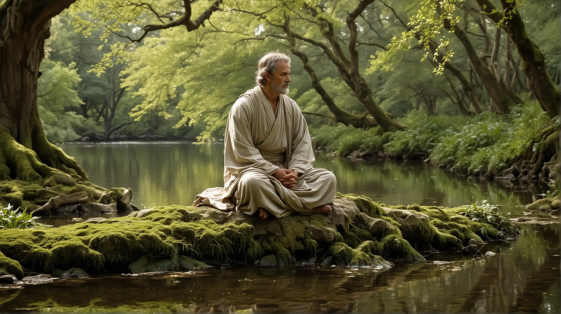 General Visualization Prompt: Visualize a stoic philosopher, with a lean and muscular build, sitting in a serene setting, perhaps by a tranquil lake or under a grand oak tree. He is deep in thought, contemplating the principles of virtue and the control of passions according to stoic philosophy.

Image Description: The image shows a stoic philosopher sitting cross-legged on a moss-covered rock beside a gently flowing stream. He is dressed in simple, flowing robes, with a physique that speaks of physical strength and inner discipline. His eyes are closed in introspection, his brow furrowed in deep concentration as he contemplates the nature of virtue and the path to inner peace.