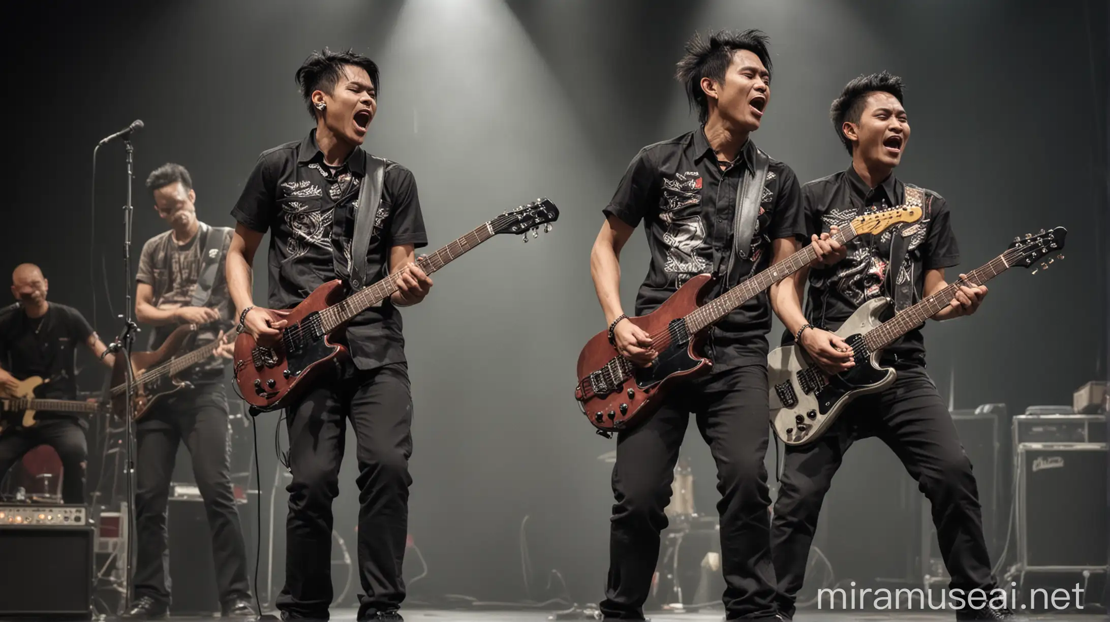 3 orang pria indonesia umur 30 tahun, rambut tipis, memakai baju ala rocker, celana ala rocker dan sepatu ala rocker, sedang bernyanyi dan bermain gitar di atas panggung