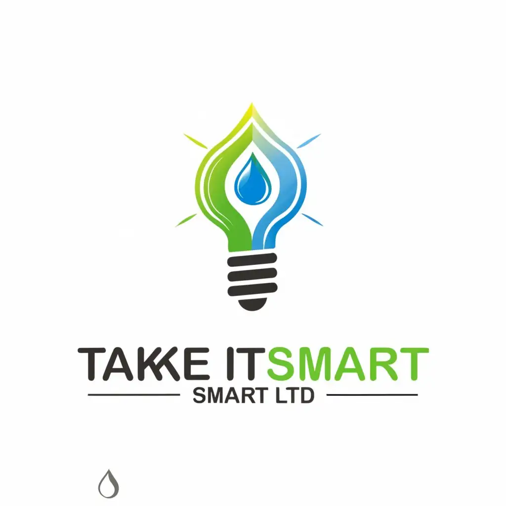 a logo design,with the text "TAKE IT SMART LTD", main symbol:Centerpiece is a traditional light bulb. The wires inside of the bulb are water pipes and end with a modern tap. The tap is open and a big drop of clean water is glowing. On the bottom part of the water drop, we can see a plant with 3 small green leaves sprout. The reflection of the glow has to be red, blue, yellow, green (in that order). The wire from the traditional light bulb acts as a frame for the light bulb. The frame is shaped to represent a house. The other end of the wire plugs into a solar panel.,complex,be used in Construction industry,clear background