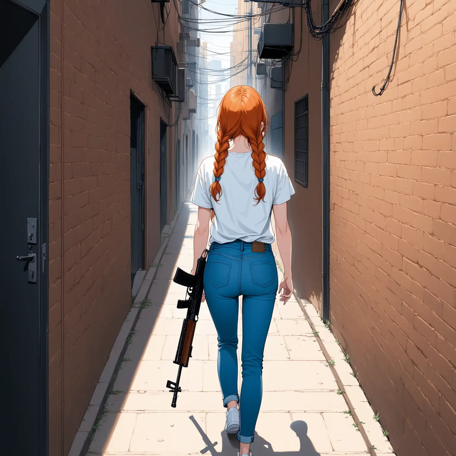 a adult woman with   ginger hair  in two braids  has blue eyeswearing a  white  t shirt and and  jeans , shes holding a rifle ,  a blue bow is at the tip of her braids. she's walking  in an alley 
