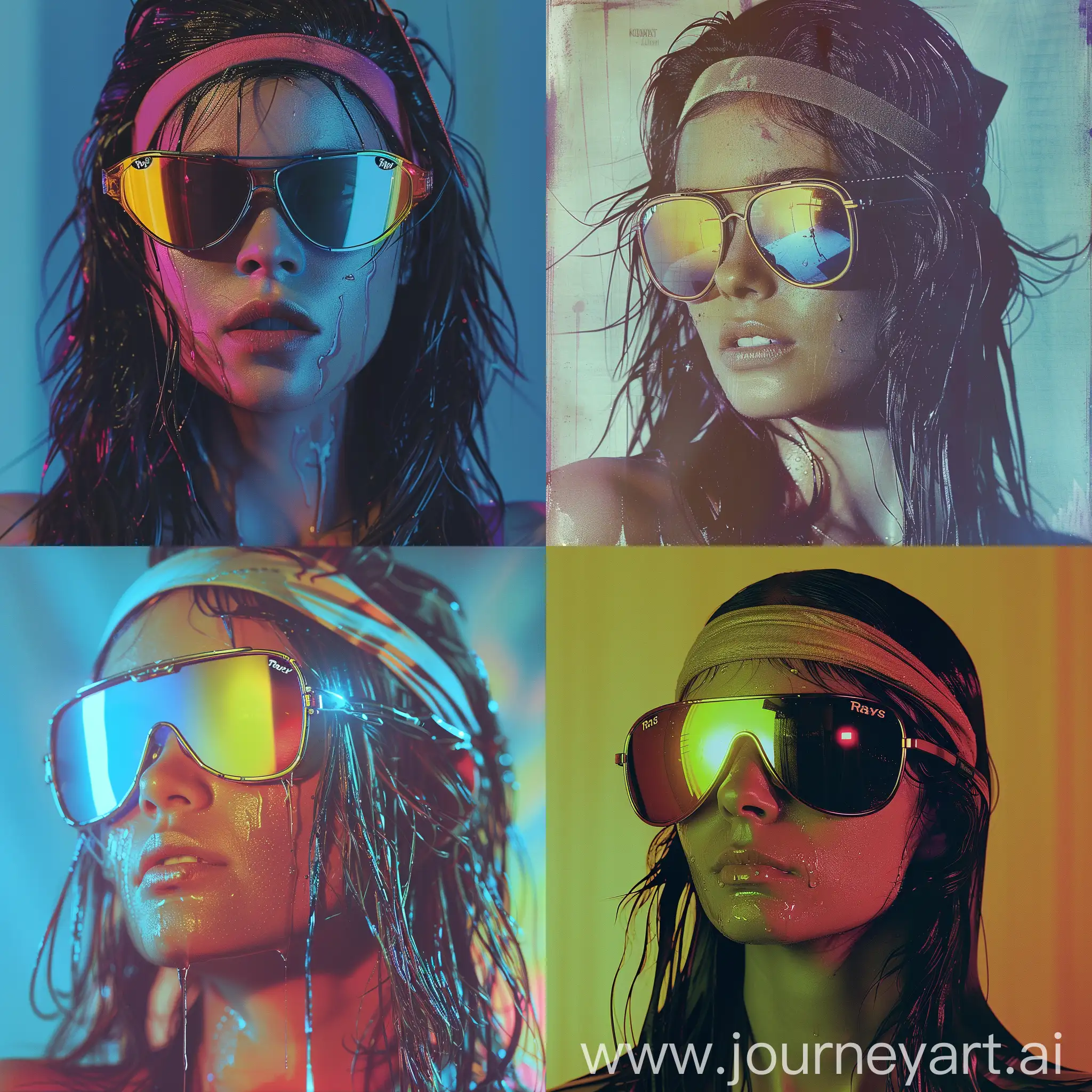 Generate a full portrait of a girl wearing ray ban or Vaurnet reflective sunglasses and a head band, reminiscent of iconic 1980s movie posters. The girl's expression should be confident and stylish, evoking the spirit of the era. Pay attention to the composition, lighting, and color palette to capture the essence of classic 1980s cinematography. Emphasize the bold and vibrant aesthetic typical of the era's movie posters, while also ensuring a timeless and iconic quality to the image.  Hair should be long wet and straight.  Using a kodak vintage film photo look.