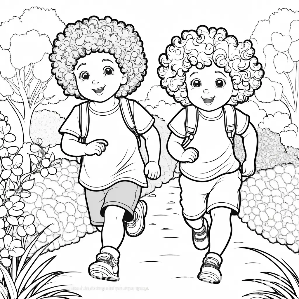 2 curly haired toddlers children running in the garden, Coloring Page, black and white, line art, white background, Simplicity, Ample White Space. The background of the coloring page is plain white to make it easy for young children to color within the lines. The outlines of all the subjects are easy to distinguish, making it simple for kids to color without too much difficulty