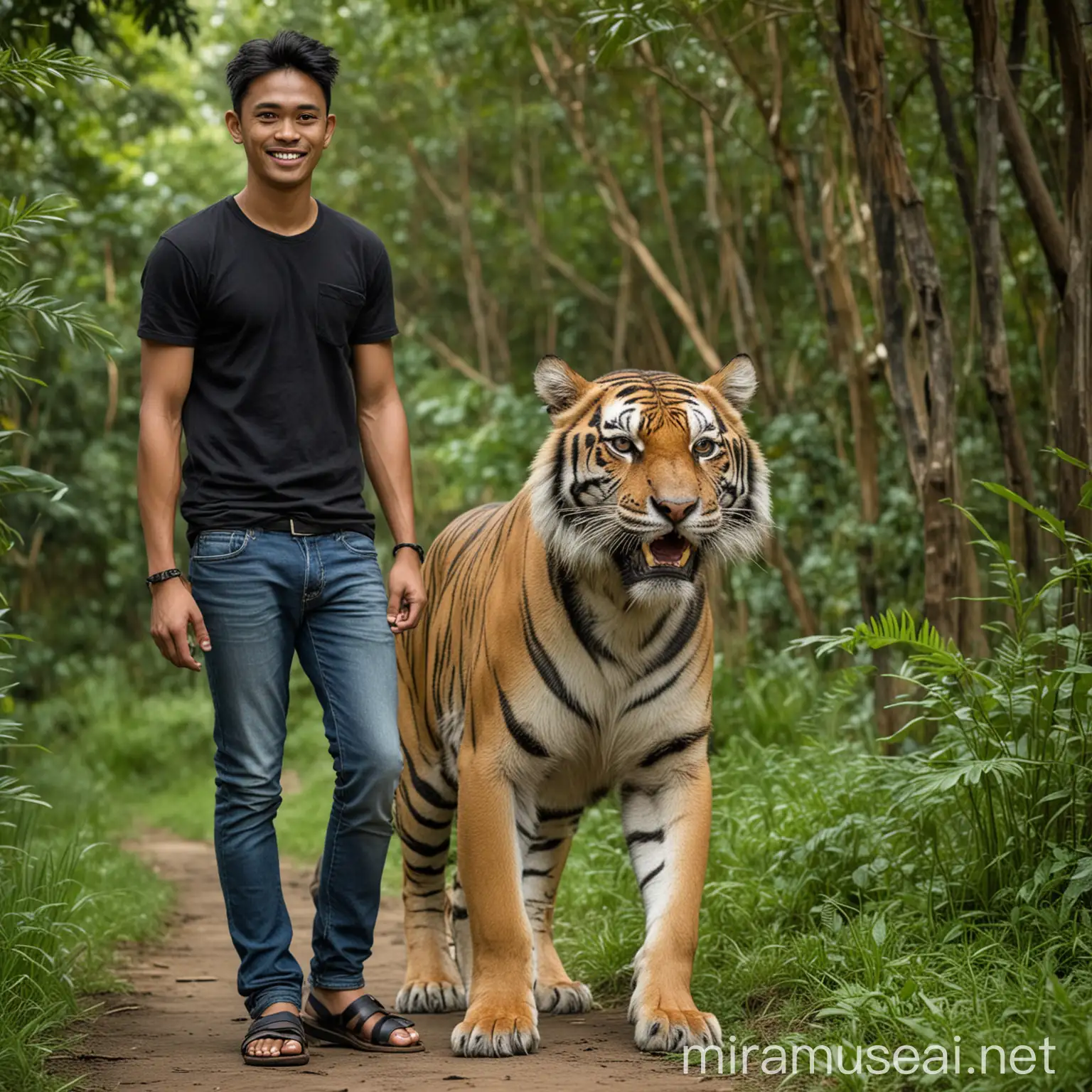 Friendly Indonesian Man Smiling with Tiger in Lush Forest