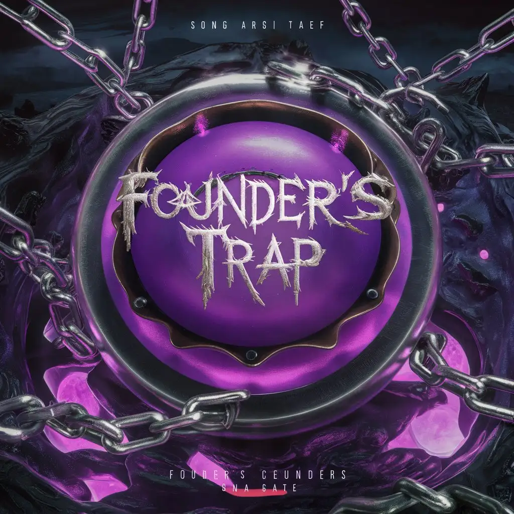 portada para canción, bola de pinchos morada con cadenas de acero y un título flotante "Founder's Trap