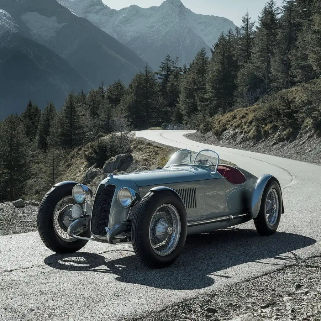 Bugati T57 de 1933  mountains and forest in the background