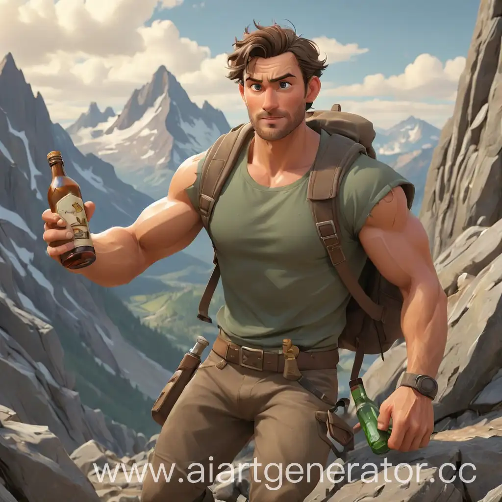 Adventure-Seeker-Triumphs-atop-Mountain-with-Refreshing-Beverage