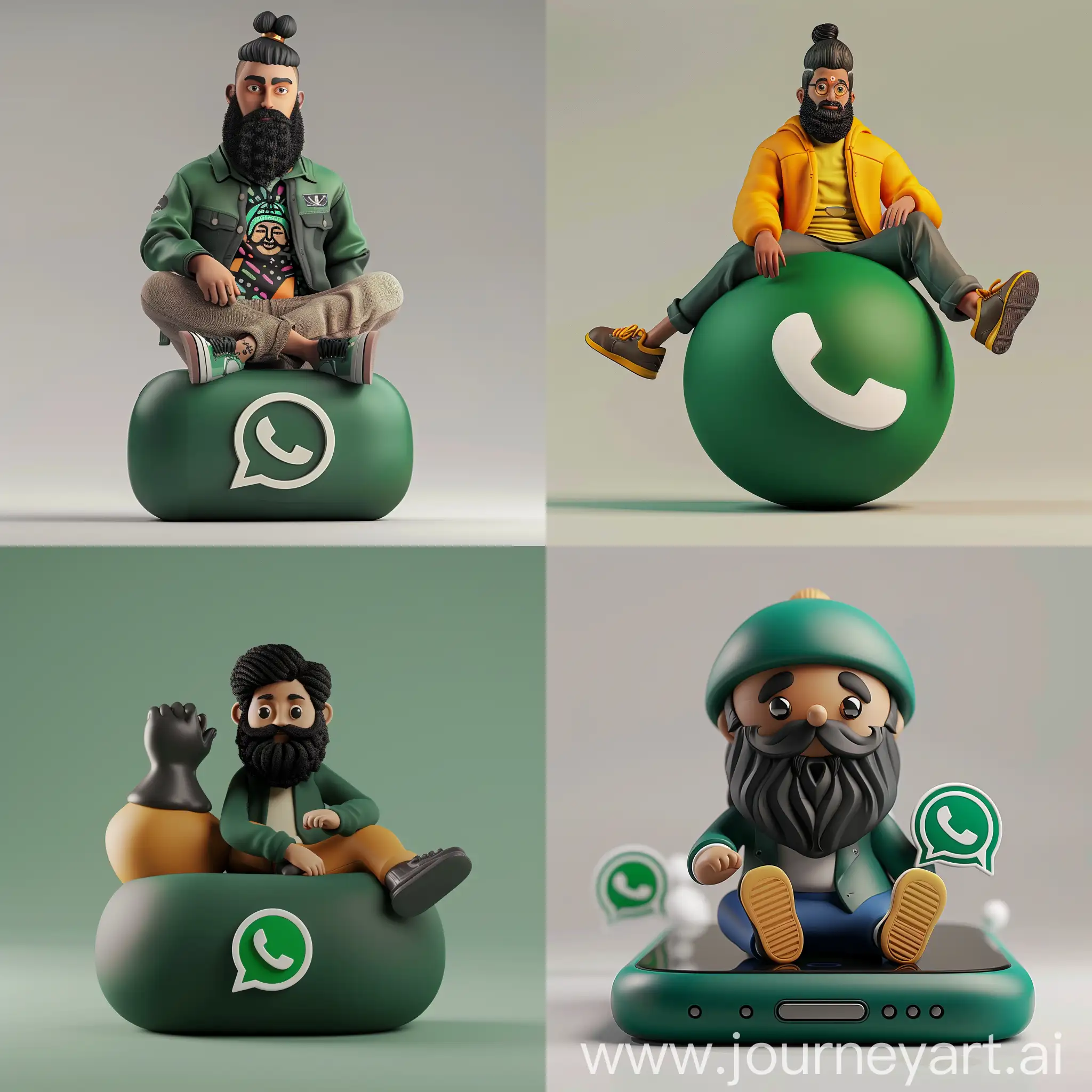 
Prompt:

Prompt: "Create a 3D illustration of an animated character of a black beard man sitting casually on top of a social media logo "WhatsApp". The character must wear modern Indian clothes. The background of the character is mockup of his WhatsApp profile page with a profile name "Vithusan.S" and a profile picture same as character."
