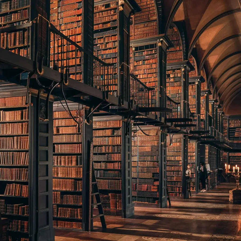 Leather-bound tomes fill the tall shelves of this grand library. Rolling ladders anchored to rails above the topmost shelves allow easy access to the higher books.
