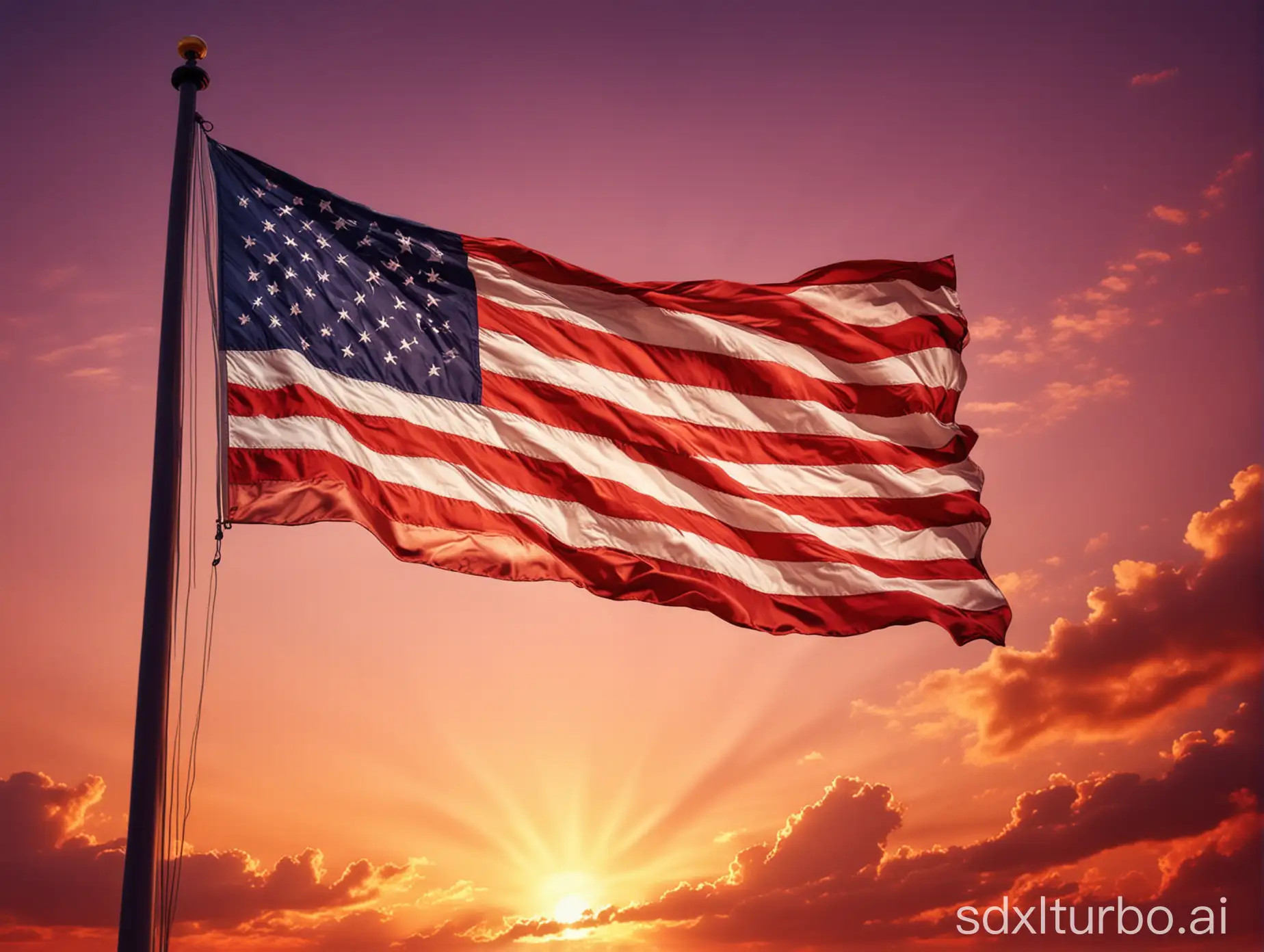 A striking illustration of the American flag waving majestically against a vibrant sunset sky.