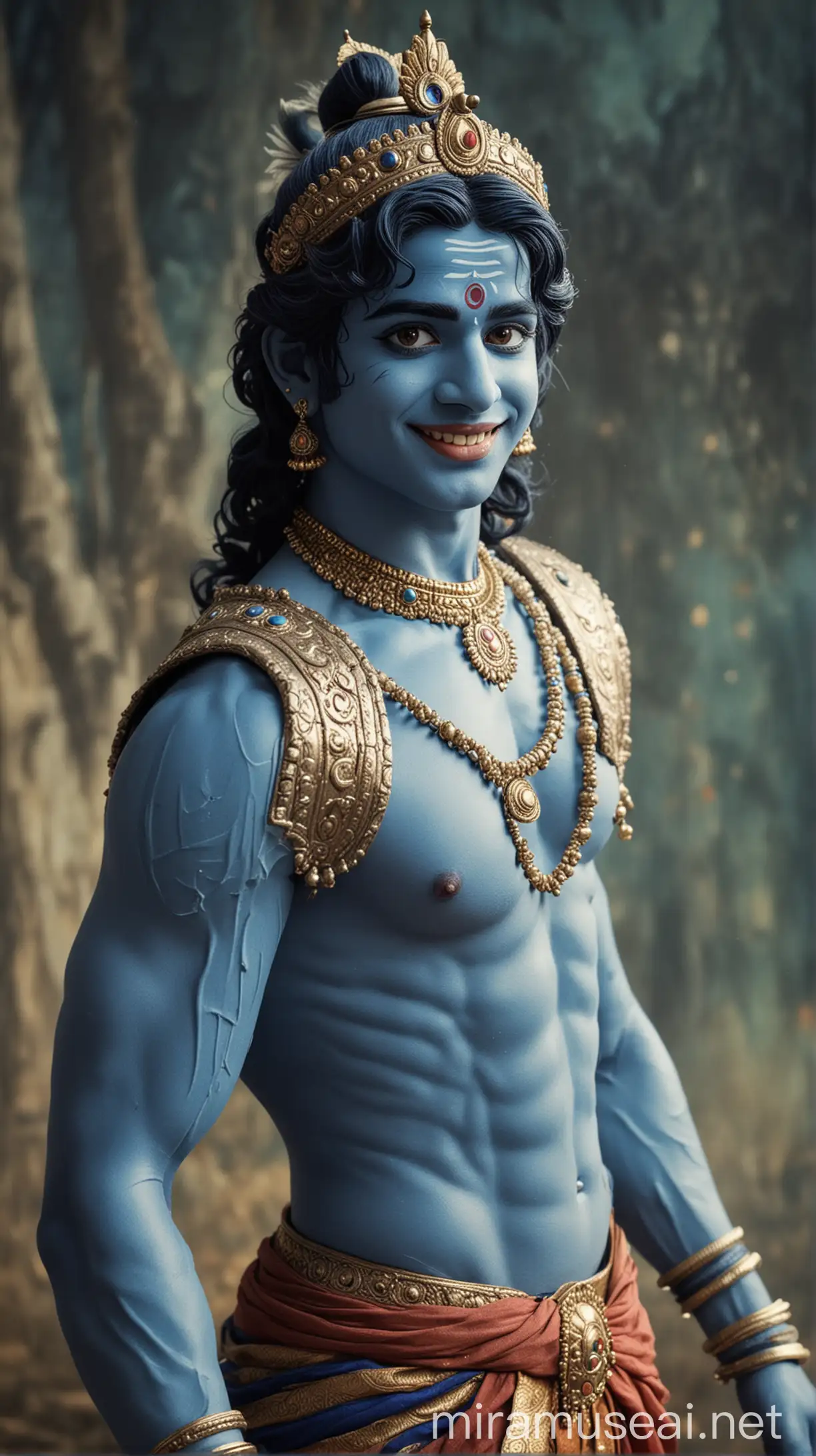 25 year old Lord Krishna,,cute smile,,blue skin,,attractive body,,standing photo,,mahabharata background ,,jawline on face,, perfect body 