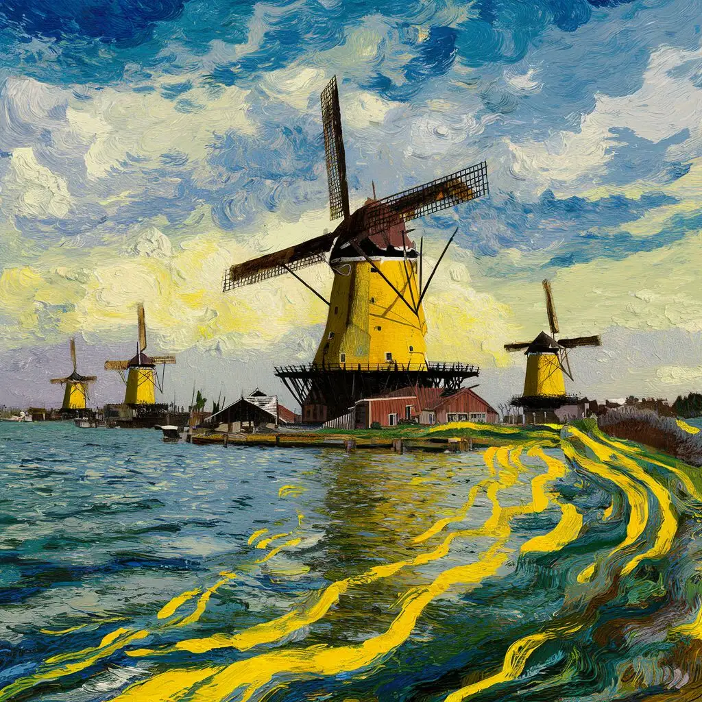 Dutch Windmills by the Lake Van Gogh Style Landscape Art